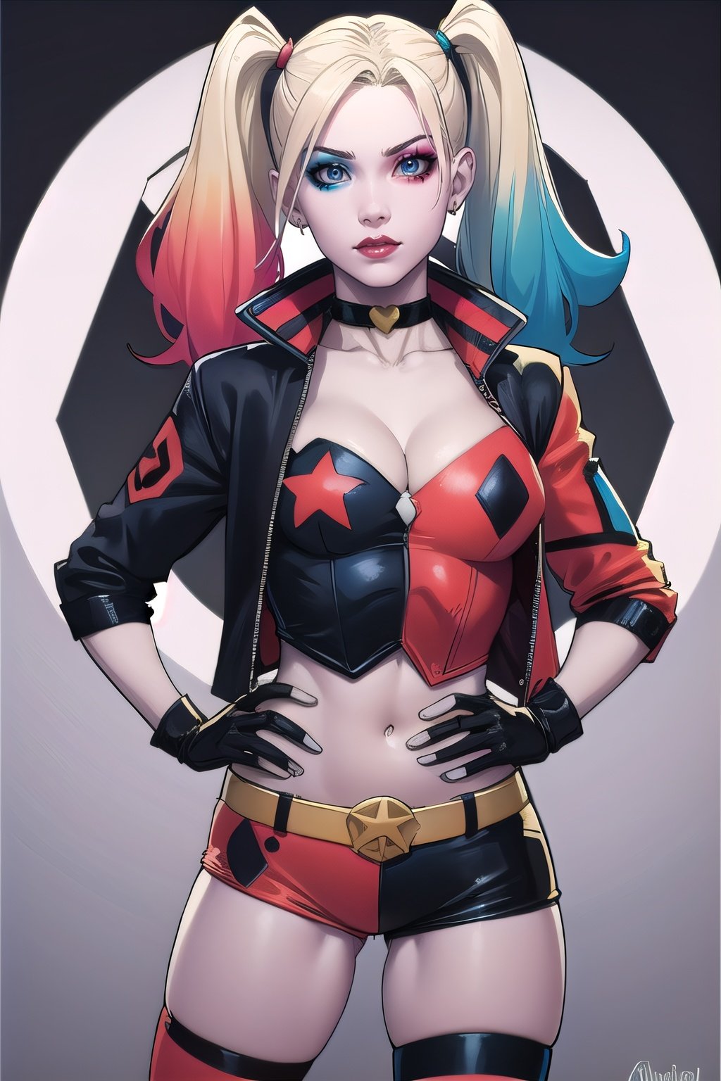 CARTOON_harley_quinn_rebirth_ownwaifu,www.ownwaifu.com,two-tone hair,multicolored hair,blonde hair,breasts,makeup,twintails,blue eyes,lipstick,gloves,shorts,cleavage,navel,midriff,gradient hair,short shorts,choker,hair,eyeshadow,colored skin,pale skin,multicolored clothes,jacket,belt,crop top,open jacket,star (symbol),open clothes,lips,masterpiece,best quality,ultra detailed, 8k, cinematic light,highly detailed, scenery,pose,solo,looking at viewer,