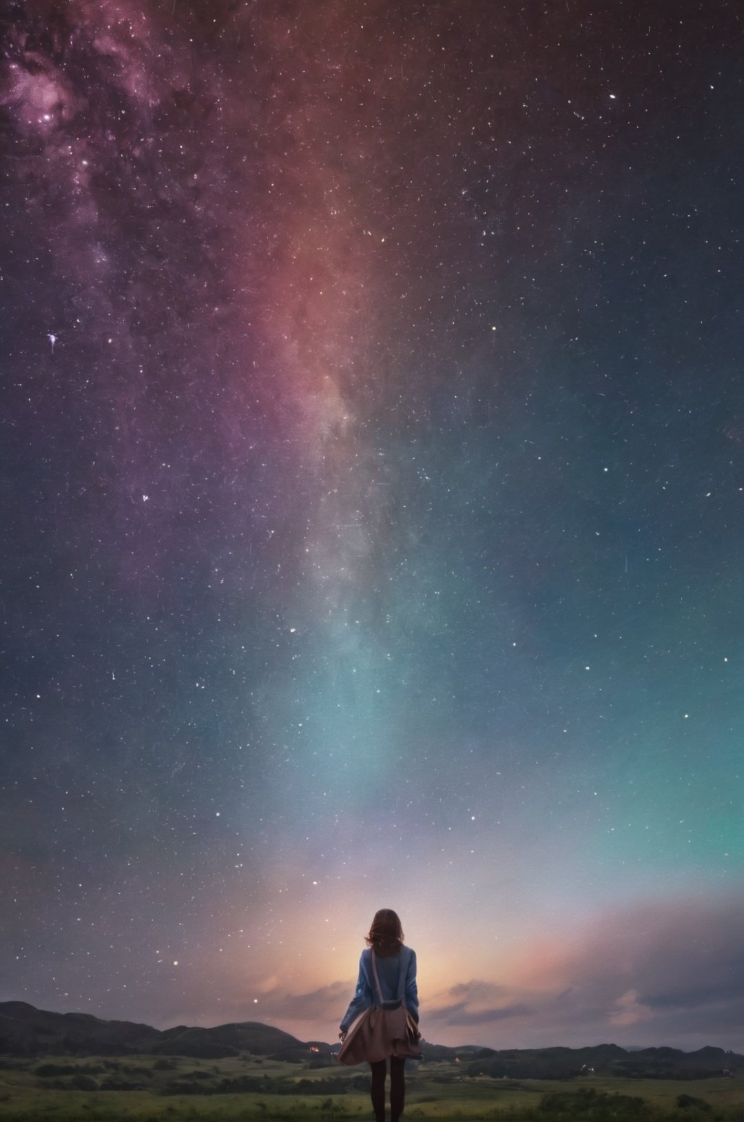 wallpaper,starry sky,1girl,walking,beautiful detailed sky,rainbow,(glinting stars),(splash),universe,<lora:starryskyXL_V1:0.7>,