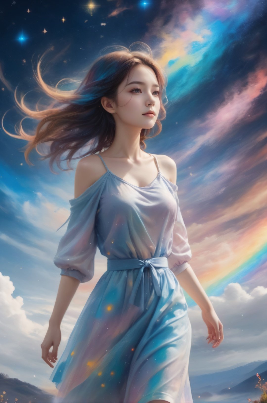 wallpaper,starry sky,1girl,walking,beautiful detailed sky,rainbow,(glinting stars),(splash),universe,,nature,looking_at_viewer,upper_body,