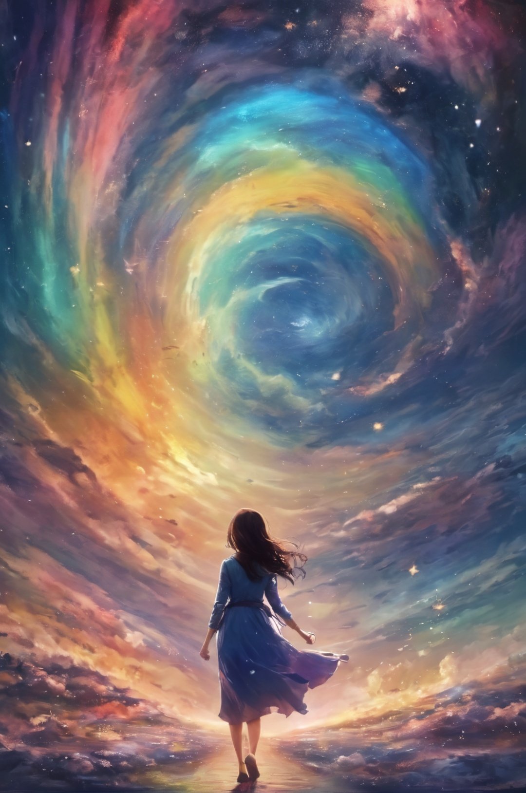 wallpaper,starry sky,1girl,walking,beautiful detailed sky,rainbow,(glinting stars),(splash),universe,<lora:starryskyXL_V1:0.7>,