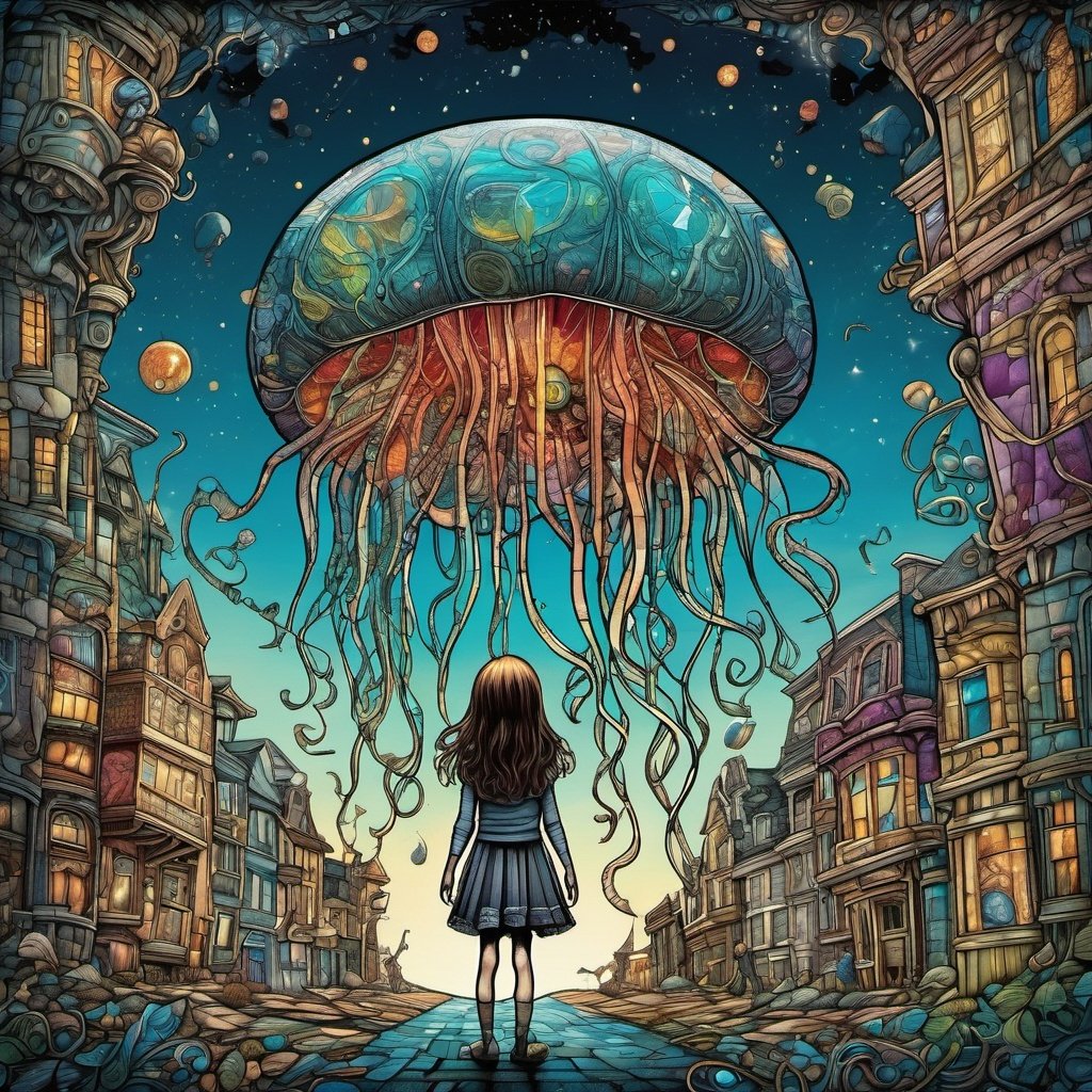 two parts in one art , double exposure, ,   best quality,  dark tales,  a girl and a big jellyfish in sky,  city street, Craola , Dan Mumford, Andy Kehoe, 2d, flat, cute, adorable, vintage, art on a cracked paper, fairytale, patchwork, stained glass, storybook detailed illustration, cinematic, ultra highly detailed, tiny details, beautiful details, mystical, luminism, vibrant colors, complex background