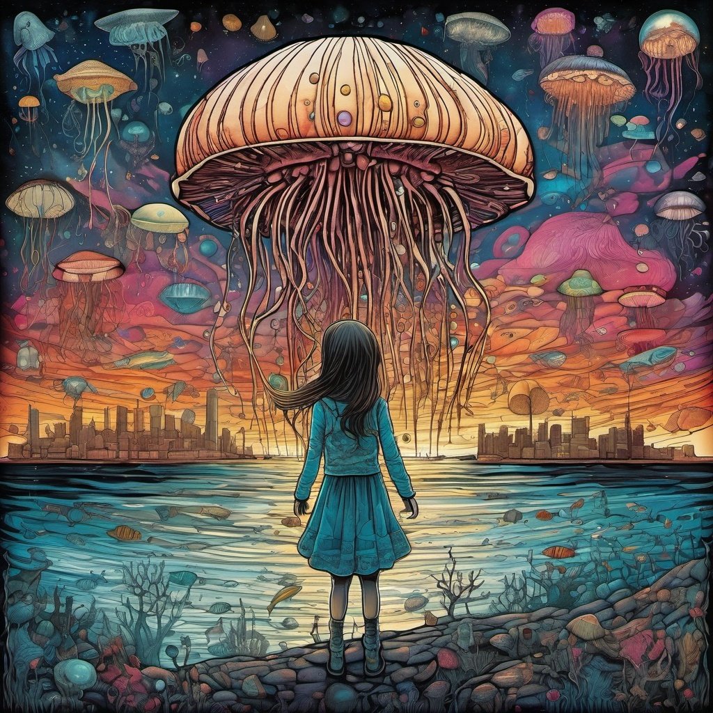 two parts in one art , double exposure, ,   best quality,  dark tales,  a girl and a big jellyfish in sky,  city street, Craola , Dan Mumford, Andy Kehoe, 2d, flat, cute, adorable, vintage, art on a cracked paper, fairytale, patchwork, stained glass, storybook detailed illustration, cinematic, ultra highly detailed, tiny details, beautiful details, mystical, luminism, vibrant colors, complex background