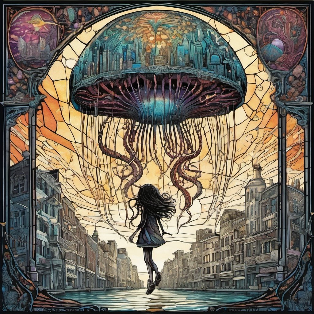 two parts in one art , double exposure, ,   best quality,  dark tales,  a girl and a big jellyfish in sky,  city street, Craola , Dan Mumford, Andy Kehoe, 2d, flat, cute, adorable, vintage, art on a cracked paper, fairytale, patchwork, stained glass, storybook detailed illustration, cinematic, ultra highly detailed, tiny details, beautiful details, mystical, luminism, vibrant colors, complex background