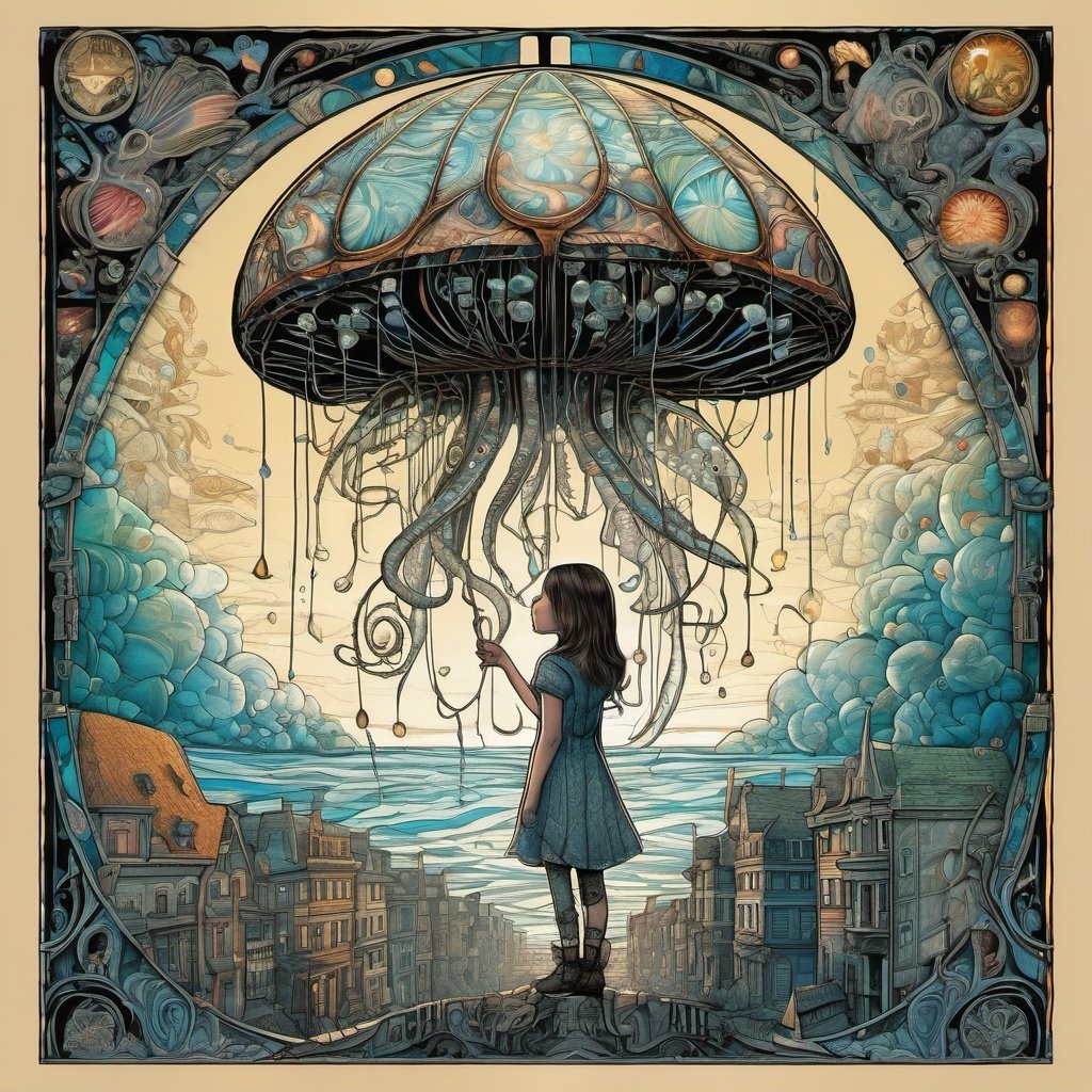 two parts in one art , double exposure, ,   best quality,  dark tales,  a girl and a big jellyfish in sky,  city street, Craola , Dan Mumford, Andy Kehoe, 2d, flat, cute, adorable, vintage, art on a cracked paper, fairytale, patchwork, stained glass, storybook detailed illustration, cinematic, ultra highly detailed, tiny details, beautiful details, mystical, luminism, vibrant colors, complex background