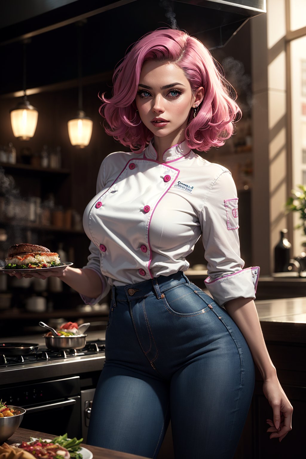 Woman, ([Elizabeth Banks|Adriana Lima|Salma Hayek]:0.85), highly detailed woman, naughty face, Blue eyes, skinny, shinny glossy skin, pink/magenta hair, curly hair, (chef outfit, blue jean, skin-tight), hourglass_figure, restaurant, food steam, kitchen, side light, volumetric light, rich colors, dramatic lighting, fine detail, absurdres, extremely detailed, (thepit style, uodenim style, stanleylau style)