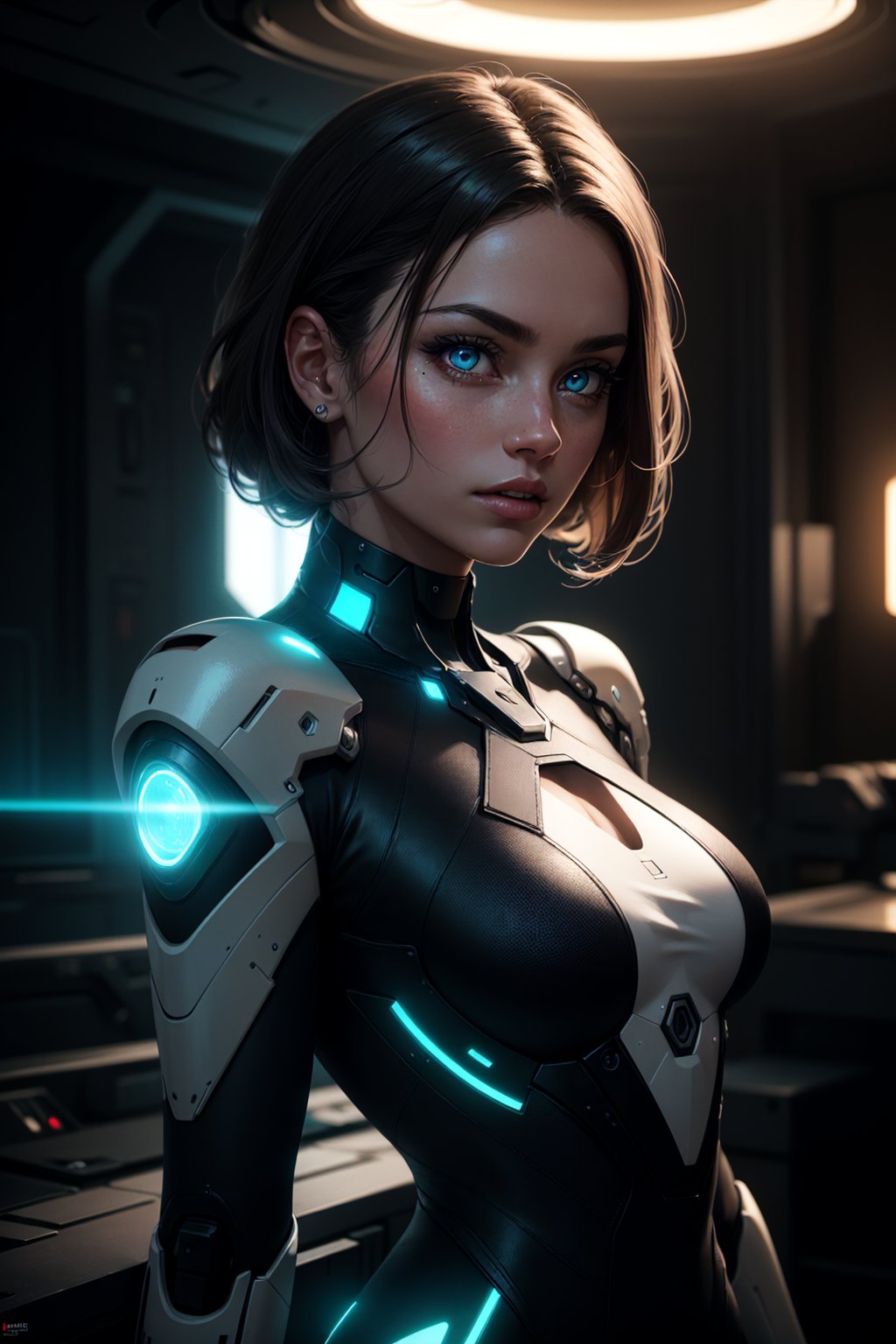 sci fi character art, cool artwork, futuristic style, in the style of 32k uhd, atey ghailan, geoff johns, dark yellow and gray, (futuristic dress, glowing dress, robotic arms), (detailed face, upper body:1.2), (detailed eyes, glowing eyes:1.2), shiny skin, synthetic skin, beautiful face, realistic hair panasonic lumix s pro 50mm f/1.4, techpunk, knightcore, futuristic, (detailed background), detailed spaceship hub, masterpiece, best quality, realistic, side light, volumetric light, rich colors, dramatic lighting, (full dual colour lighting:1.2), (hard dual colour lighting:1.4), fine detail, absurdres, extremely detailed, depth of field, ((realistic lighting)) ultra highres, (masterpiece:1.2), (ultra detailed), (best quality), intricate, comprehensive cinematic, magical photography, (gradients), colorful