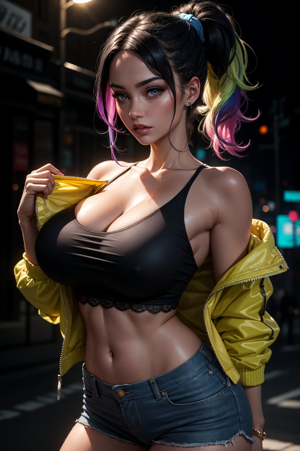 A woman, rainbow hair, cute girl, cute face, Caucasian, neon eyes, colorful jacket off shoulder, shiny jacket, detailed face, badass, ponytail, twenty years old, athletic body, brunette, black tank top, lace trim, denim shorts panties, skin-tight dress, looking at camera, toned body, fit, punk, streets, shiny ground, night, colorful neon background, hip cocked, fit midriff exposed, large round tits, side boobs cut, huge hip, demure, low cut, black lace trim, detailed skin, soft lighting, subsurface scattering, heavy shadow, masterpiece, best quality, 8k, golden ratio, Intricate, High Detail, ((sharp focus, detailed skin texture)), (blush:0.2), (goosebumps:0.3), subsurface scattering