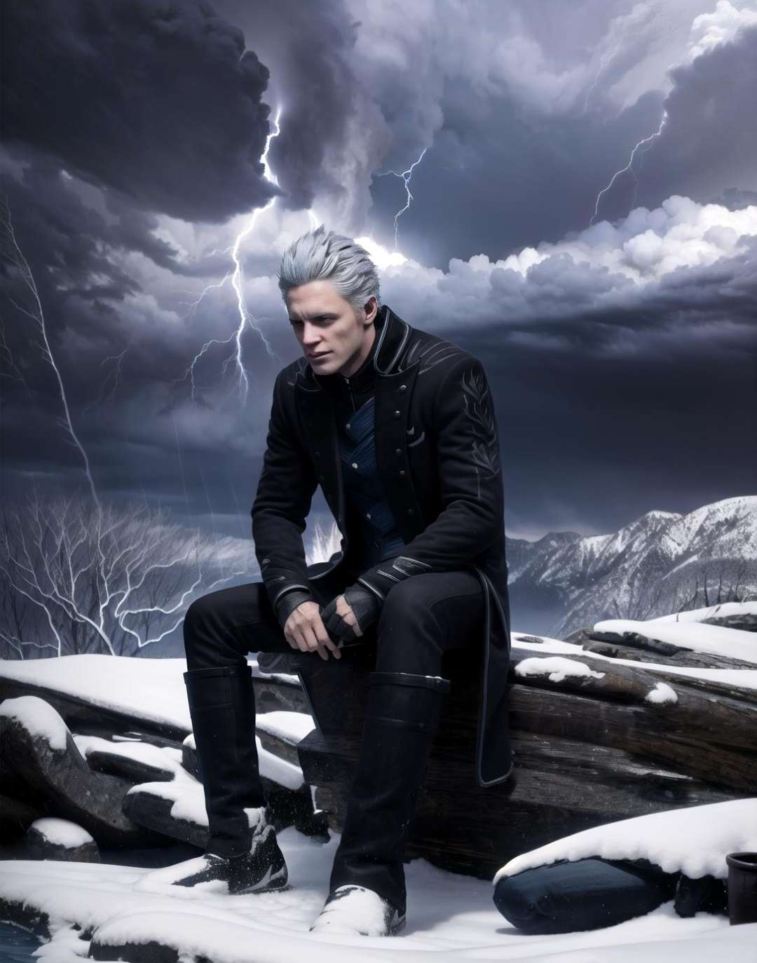 pov close,<lora:devilMayCry5Vergil_v10:0.75>,(vergil,:1.2), on top of the mountain , (plastic:1.2) chair, sitting, masterpiece, grainy, (storm:1.5),