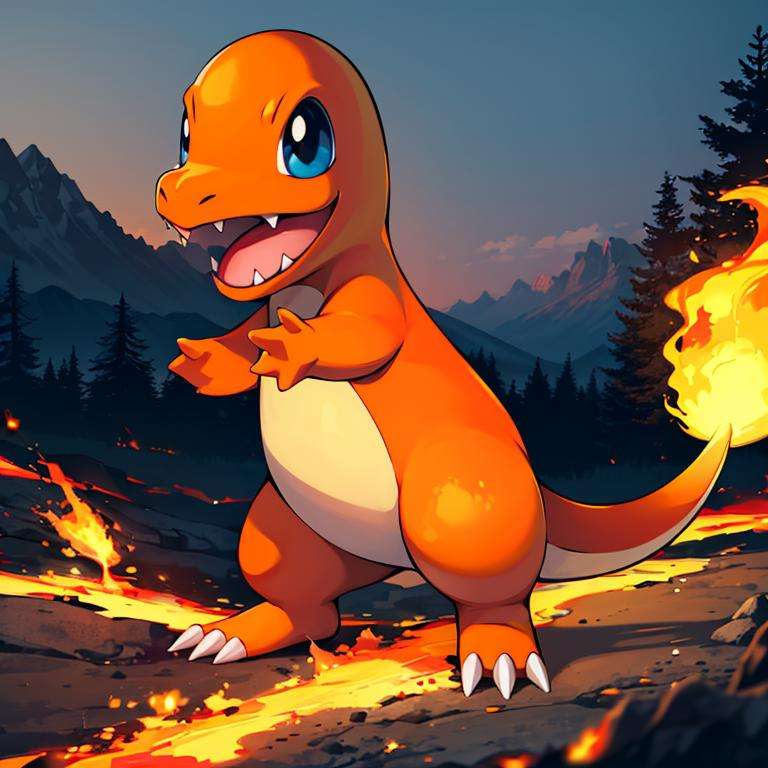 ((masterpiece,best quality)), absurdres,<lora:Charmander_Pokemon:0.7>, Charmander_Pokemon,   flame-tipped tail, pokemon_\(creature\),full_body, facing viewer, looking at viewer,embers, explosion, fangs, swirling flames,mountain, nature, no_humans,  outdoors,  sky, tree