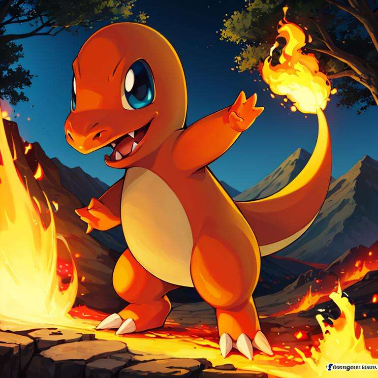 ((masterpiece,best quality)), absurdres,<lora:Charmander_Pokemon:0.7>, Charmander_Pokemon,   flame-tipped tail, pokemon_\(creature\),full_body, facing viewer, looking at viewer,embers, explosion, fangs, swirling flames,mountain, nature, no_humans,  outdoors,  sky, tree