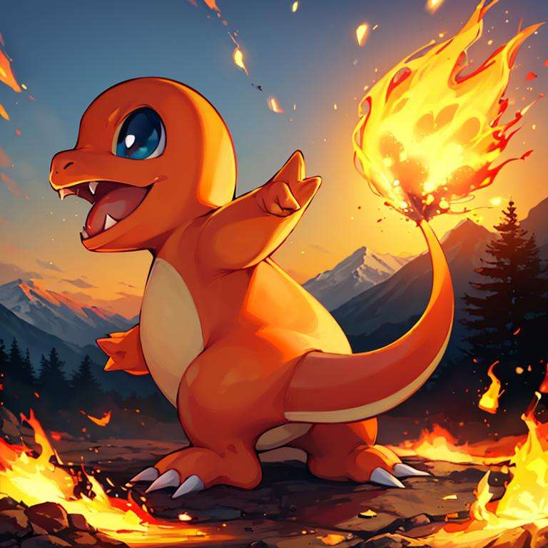 ((masterpiece,best quality)), absurdres,<lora:Charmander_Pokemon:0.7>, Charmander_Pokemon,   flame-tipped tail, pokemon_\(creature\),full_body, facing viewer, looking at viewer,embers, explosion, fangs, swirling flames,mountain, nature, no_humans,  outdoors,  sky, tree