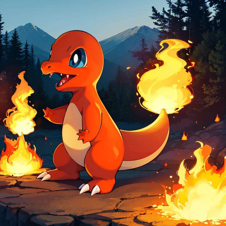 ((masterpiece,best quality)), absurdres,<lora:Charmander_Pokemon:0.7>, Charmander_Pokemon,   flame-tipped tail, pokemon_\(creature\),full_body, facing viewer, looking at viewer,embers, explosion, fangs, swirling flames,mountain, nature, no_humans,  outdoors,  sky, tree