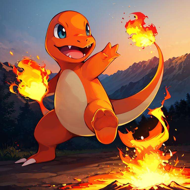 ((masterpiece,best quality)), absurdres,<lora:Charmander_Pokemon:0.7>, Charmander_Pokemon,   flame-tipped tail, pokemon_\(creature\),full_body, facing viewer, looking at viewer,embers, explosion, fangs, swirling flames,mountain, nature, no_humans,  outdoors,  sky, tree