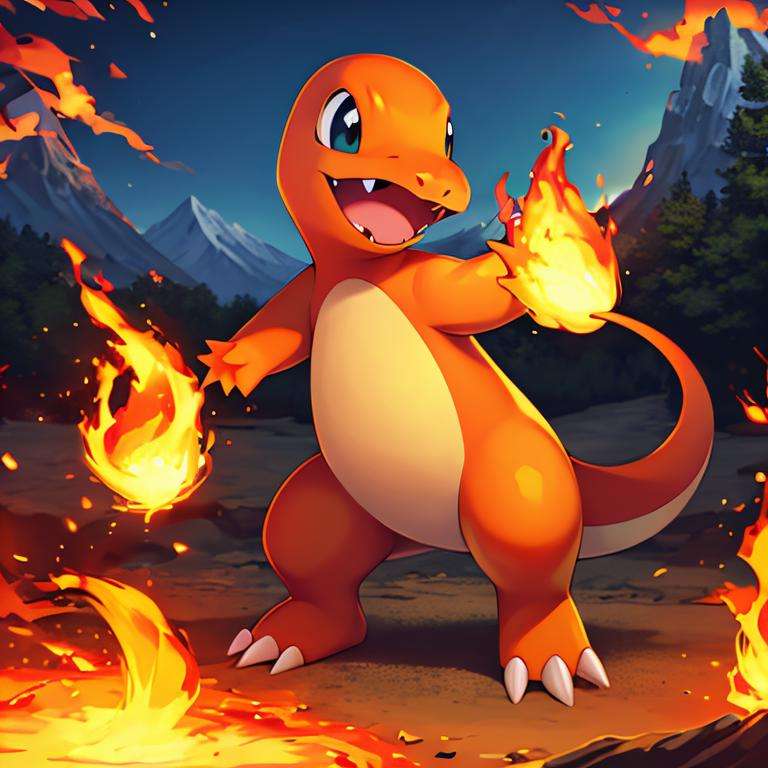 ((masterpiece,best quality)), absurdres,<lora:Charmander_Pokemon:0.7>, Charmander_Pokemon,   flame-tipped tail, pokemon_\(creature\),full_body, facing viewer, looking at viewer,embers, explosion, fangs, swirling flames,mountain, nature, no_humans,  outdoors,  sky, tree