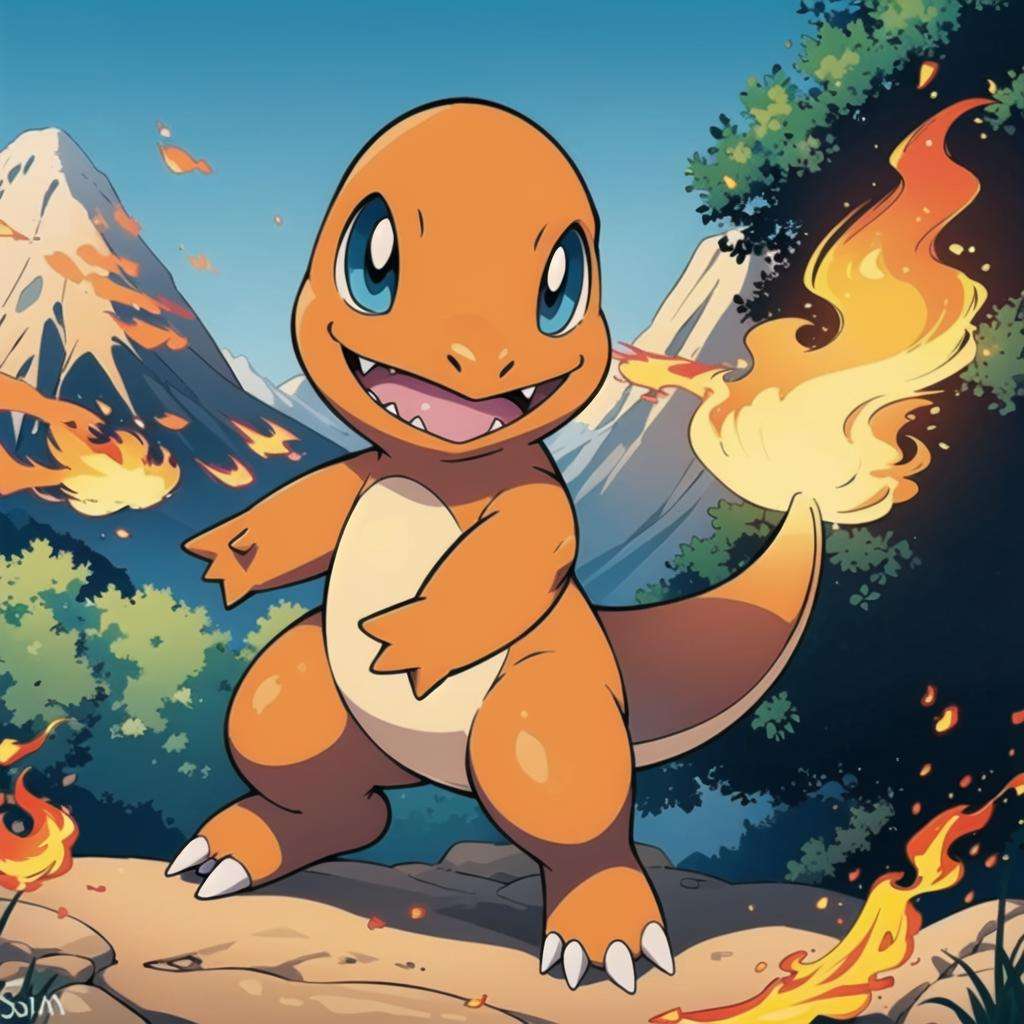 <lora:Charmander_Pokemon:0.8>, Charmander_Pokemon,   flame-tipped tail, pokemon_\(creature\), full_body, facing viewer, looking at viewer, embers, explosion, fangs, swirling flames, mountain, nature, no_humans,  outdoors,  sky, tree