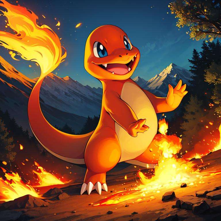 ((masterpiece,best quality)), absurdres,<lora:Charmander_Pokemon:0.7>, Charmander_Pokemon,   flame-tipped tail, pokemon_\(creature\),full_body, facing viewer, looking at viewer,embers, explosion, fangs, swirling flames,mountain, nature, no_humans,  outdoors,  sky, tree