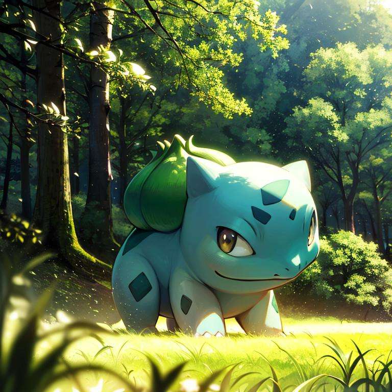 centered, award winning photo, (looking at viewer:1.2), |  Bulbasaur_Pokemon, |forest, big trees | bokeh, depth of field, cinematic composition, | <lora:Bulbasaur_Pokemon:0.8>