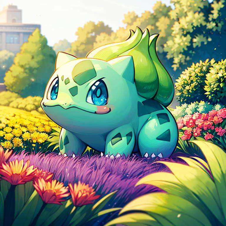 centered, award winning photo, (looking at viewer:1.2), |  Bulbasaur_Pokemon, |garden, flowers,  | bokeh, depth of field, cinematic composition, | <lora:Bulbasaur_Pokemon:0.8>