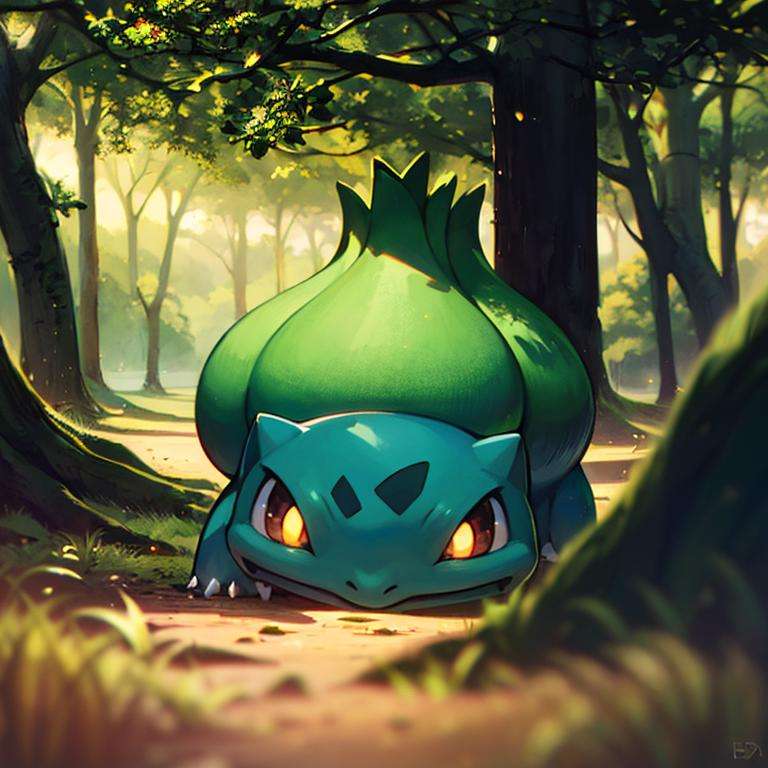 centered, award winning photo, (looking at viewer:1.2), |  Bulbasaur_Pokemon, |forest, big trees | bokeh, depth of field, cinematic composition, | <lora:Bulbasaur_Pokemon:0.8>