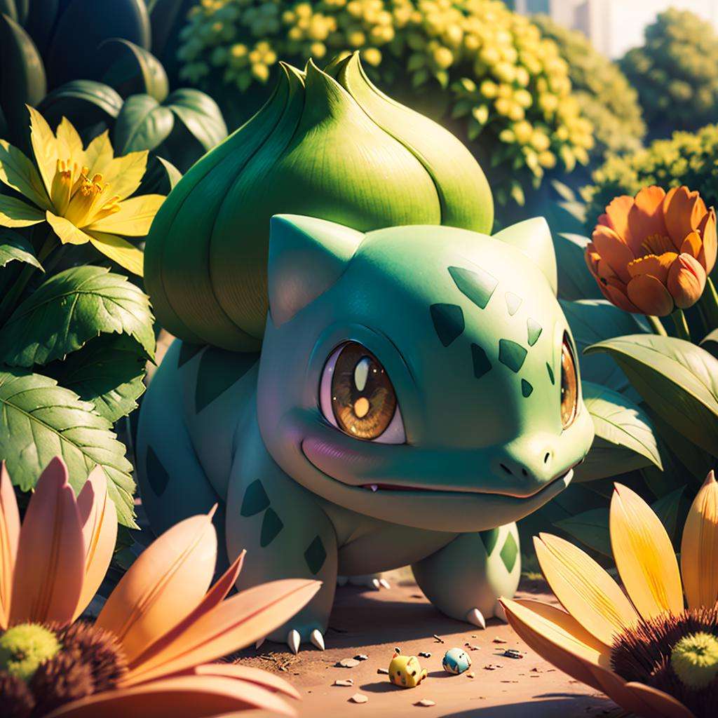 centered, award winning photo, (looking at viewer:1.2), | Bulbasaur_Pokemon,| garden, flowers, | bokeh, depth of field, cinematic composition, |<lora:Bulbasaur_Pokemon:0.8>