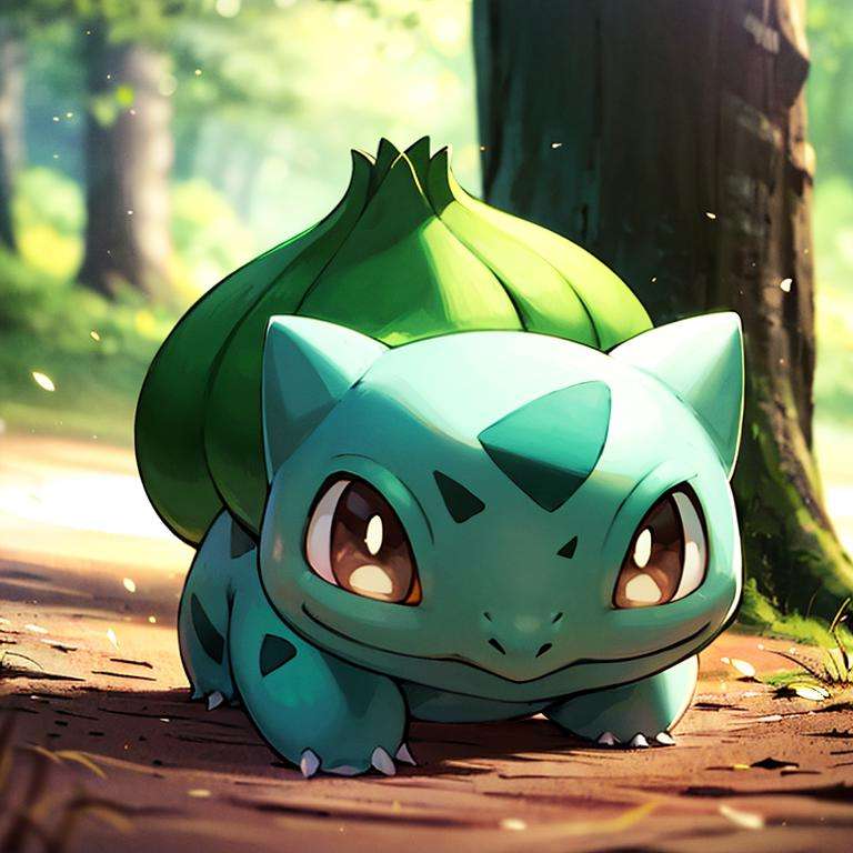 centered, award winning photo, (looking at viewer:1.2), |  Bulbasaur_Pokemon, |forest, big trees | bokeh, depth of field, cinematic composition, | <lora:Bulbasaur_Pokemon:0.8>