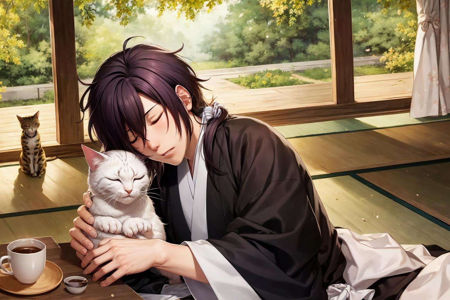 (masterpiece, best quality), <lora:Hajime_Saitou-08v2FIXED:0.8>, hajime_saitou, ((solo:1.3)), male focus, upper body, sleeping, closed eyes, lying, on side, head rest, parted lips, food, japanese clothes, kimono, cup, hands up, animal hug, cat, tatami, tea, sunrise, dappled sunlight, wooden floor