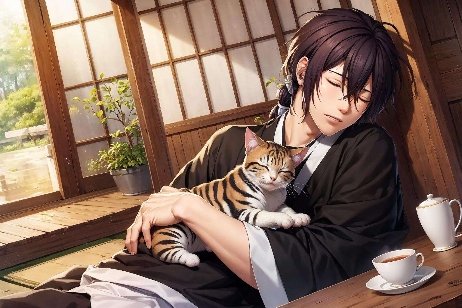 (masterpiece, best quality), <lora:Hajime_Saitou-08v2FIXED:0.8>, hajime_saitou, ((solo:1.3)), male focus, upper body, sleeping, closed eyes, lying, on side, head rest, parted lips, food, japanese clothes, kimono, cup, hands up, animal hug, cat, tatami, tea, sunrise, dappled sunlight, wooden floor