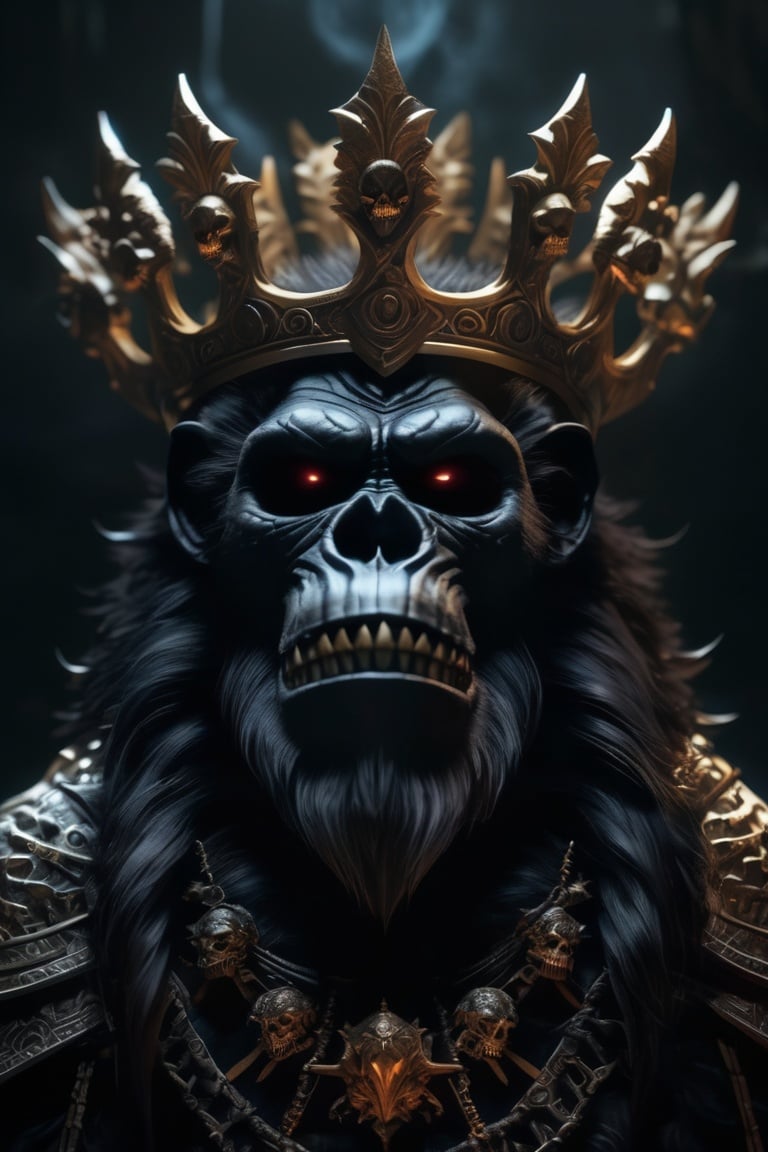 a color photo of a sinister ape with a crown surrounded by skulls, scorn game, dark fantasy concept art, dark fantasy artwork, dark soul concept, dark soul concept art, dark fantasy horror art, dark concept art, dark fantasy style art, highly detailed dark art, dark fantasy character design, in style of dark fantasy art, dark but detailed digital art, photorealistic dark concept art, in style of dark fantasy art, lich vecna (d&d), dark fantasy art, detailed 4k horror artwork, stefan koidl inspired, ((stefan koidl)),col,MetalAI