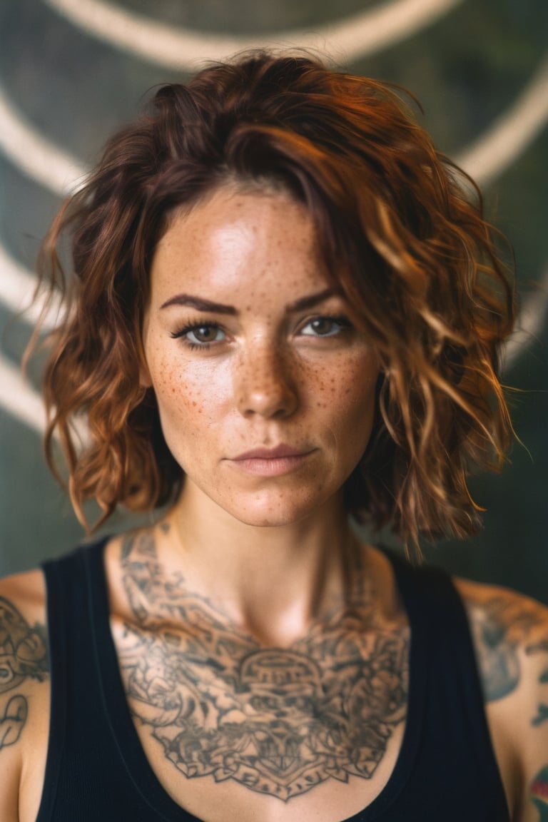 photo, rule of thirds, dramatic lighting, medium hair, detailed face, detailed nose, woman wearing tank top, freckles, collar or choker, smirk, tattoo, intricate background
,realism,realistic,raw,analog,woman,portrait,photorealistic,analog,realism