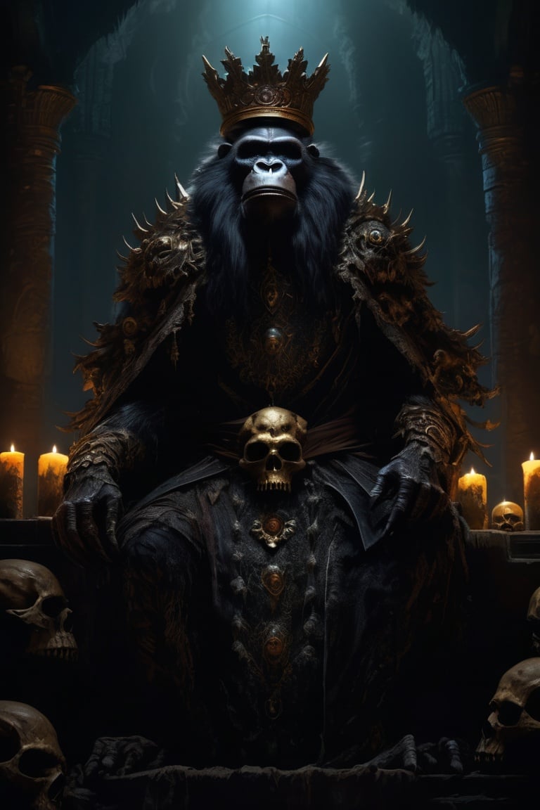 a color photo of a sinister ape with a crown surrounded by skulls, scorn game, dark fantasy concept art, dark fantasy artwork, dark soul concept, dark soul concept art, dark fantasy horror art, dark concept art, dark fantasy style art, highly detailed dark art, dark fantasy character design, in style of dark fantasy art, dark but detailed digital art, photorealistic dark concept art, in style of dark fantasy art, lich vecna (d&d), dark fantasy art, detailed 4k horror artwork, stefan koidl inspired, ((stefan koidl)),col,MetalAI