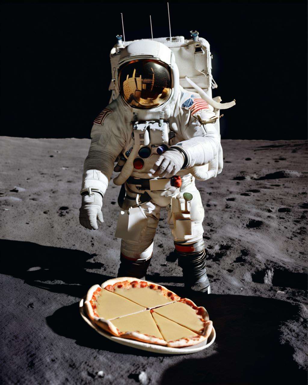 an astronaut holding a pizza,  photo of the mission Apollo :1.2, apollo_style , deep black sky , space art , sci-fi , outher space<lora:Apollo_Style:1.0>