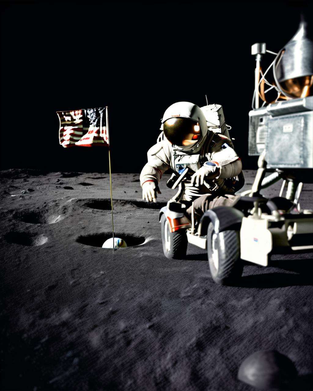 an astronaut playing golf,  photo of the mission Apollo :1.2, apollo_style , deep black sky , space art , sci-fi , outher space<lora:Apollo_Style:1.0>