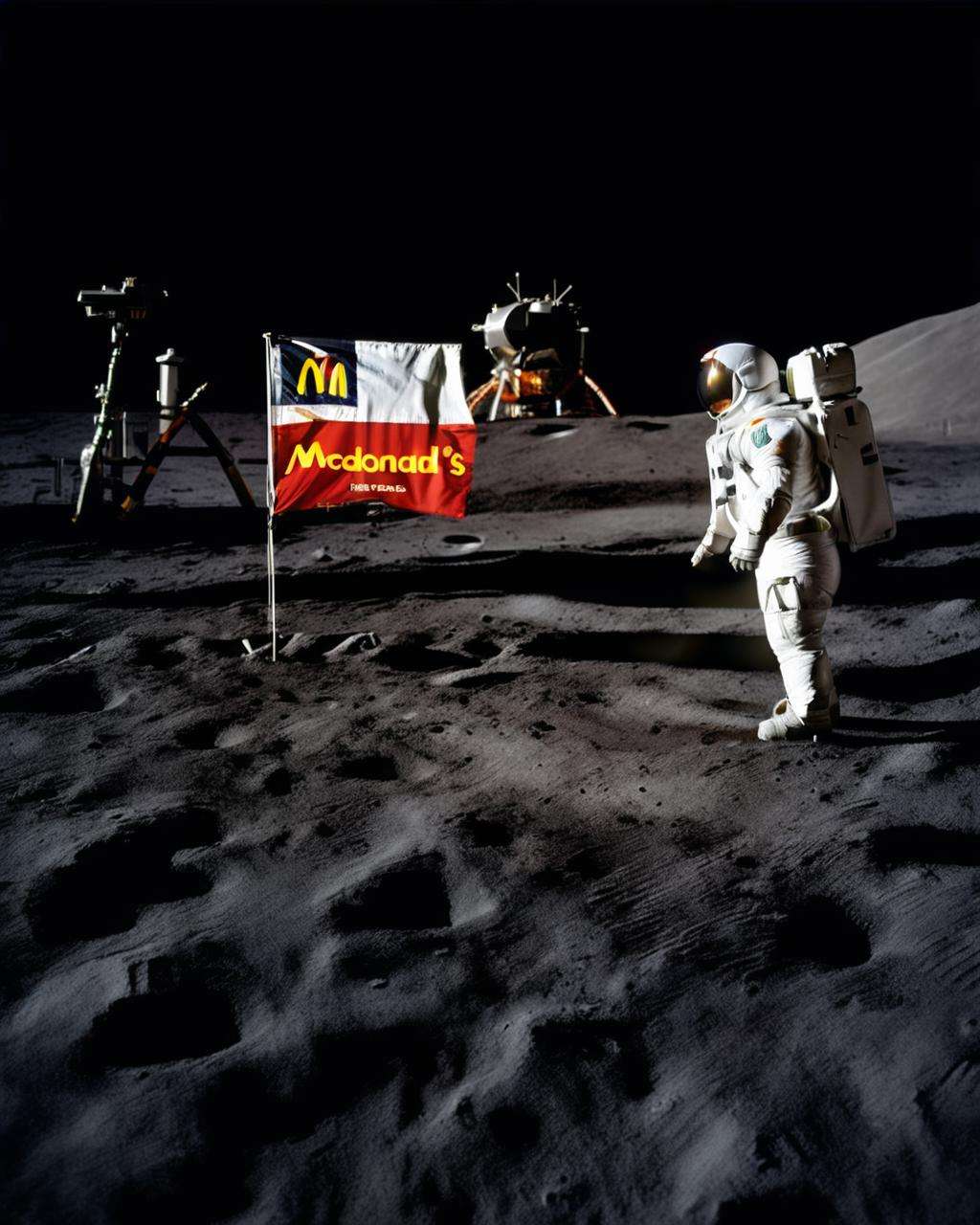 an astronaut holding a mcdonald's flag,  photo of the mission Apollo :1.2, apollo_style , deep black sky , space art , sci-fi , outher space<lora:Apollo_Style:1.0>