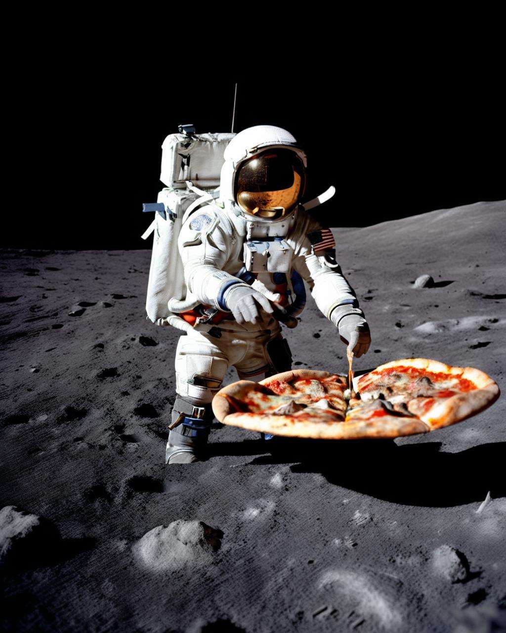 an astronaut holding a pizza,  photo of the mission Apollo :1.2, apollo_style , deep black sky , space art , sci-fi , outher space<lora:Apollo_Style:1.0>