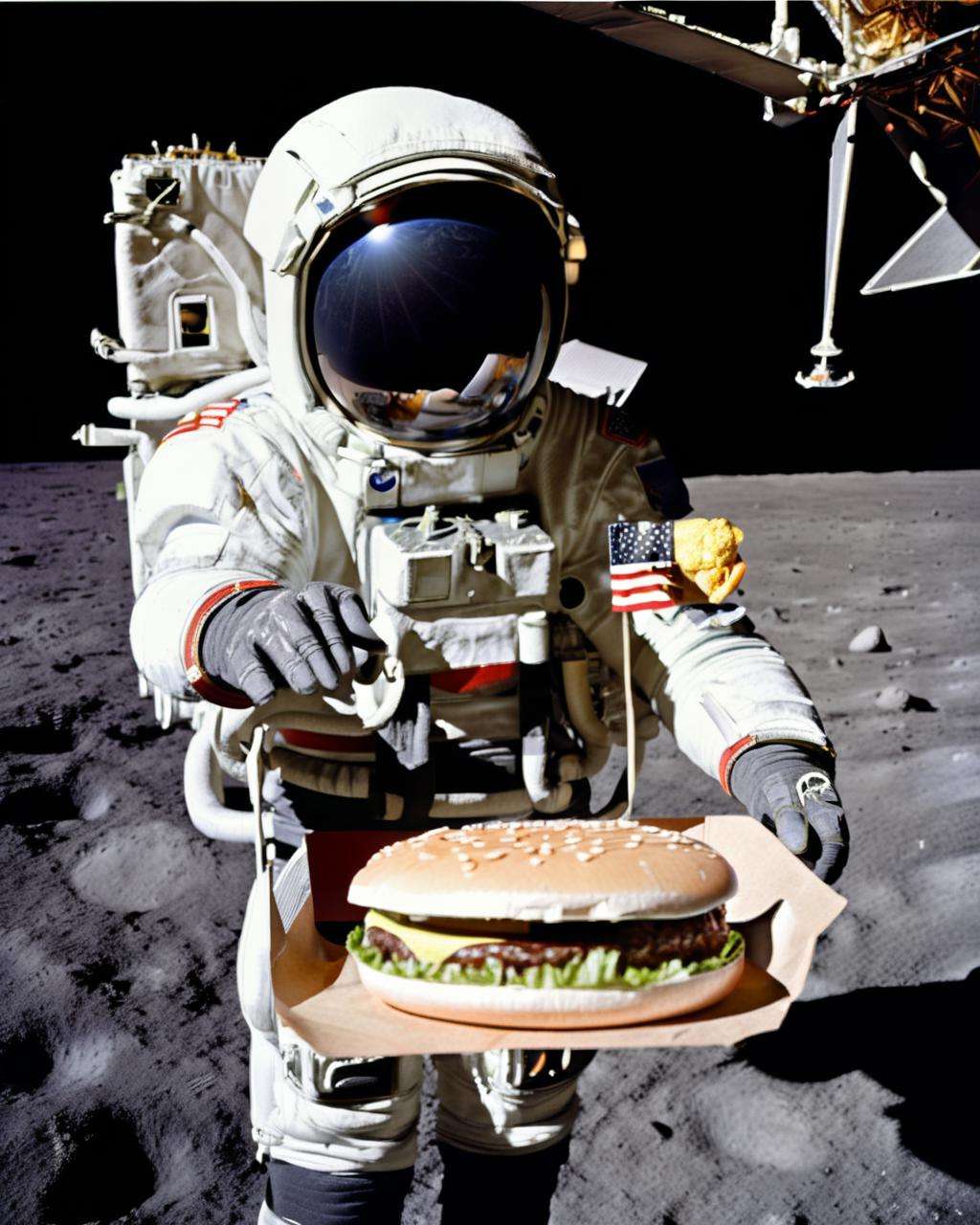 an astronaut holding an hamburger,  photo of the mission Apollo :1.2, apollo_style , deep black sky , space art , sci-fi , outher space<lora:Apollo_Style:1.0>