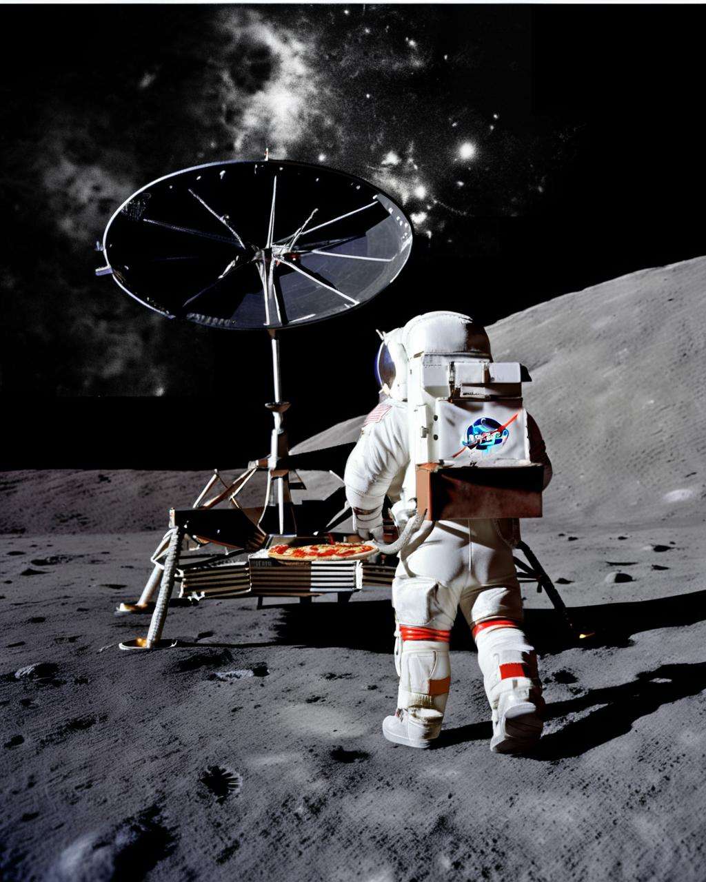 an astronaut holding a pizza,  photo of the mission Apollo :1.2, apollo_style , deep black sky , space art , sci-fi , outher space<lora:Apollo_Style:1.0>