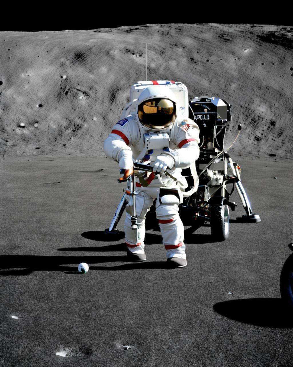 an astronaut playing golf,  photo of the mission Apollo :1.2, apollo_style , deep black sky , space art , sci-fi , outher space<lora:Apollo_Style:1.0>