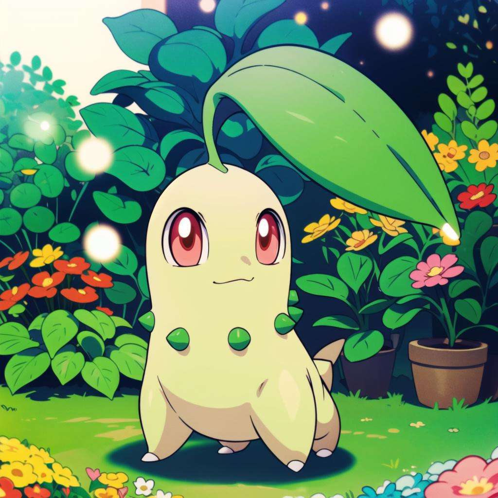 centered, award winning photo, (looking at viewer:1.2), | Chikorita_Pokemon,| garden, flowers, | bokeh, depth of field, cinematic composition, |<lora:Chikorita_Pokemon:0.8> 