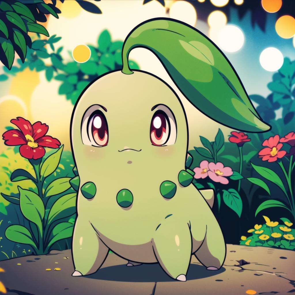 centered, award winning photo, (looking at viewer:1.2), | Chikorita_Pokemon,| garden, flowers, | bokeh, depth of field, cinematic composition, |<lora:Chikorita_Pokemon:0.8> 