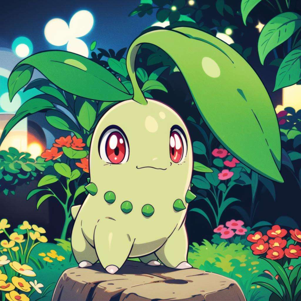 centered, award winning photo, (looking at viewer:1.2), | Chikorita_Pokemon,| garden, flowers, | bokeh, depth of field, cinematic composition, |<lora:Chikorita_Pokemon:0.8> 