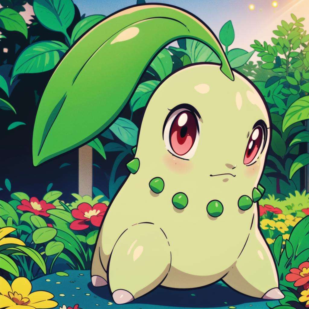 centered, award winning photo, (looking at viewer:1.2), | Chikorita_Pokemon,| garden, flowers, | bokeh, depth of field, cinematic composition, |<lora:Chikorita_Pokemon:0.8> 