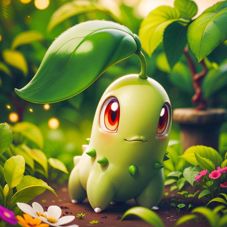 centered, award winning photo, (looking at viewer:1.2), | Chikorita_Pokemon,| garden, flowers, | bokeh, depth of field, cinematic composition, |<lora:Chikorita_Pokemon:0.8>