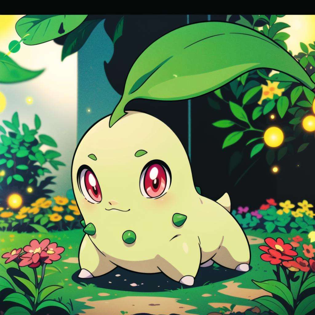 centered, award winning photo, (looking at viewer:1.2), | Chikorita_Pokemon,| garden, flowers, | bokeh, depth of field, cinematic composition, |<lora:Chikorita_Pokemon:0.8> 