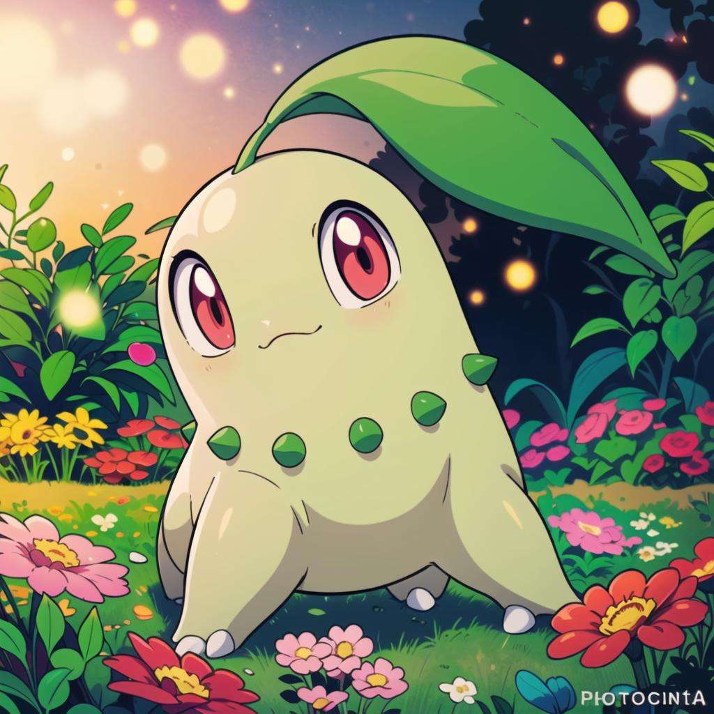 centered, award winning photo, (looking at viewer:1.2), | Chikorita_Pokemon,| garden, flowers, | bokeh, depth of field, cinematic composition, |<lora:Chikorita_Pokemon:0.8> 