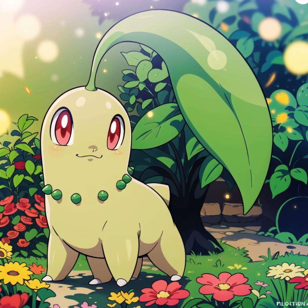 centered, award winning photo, (looking at viewer:1.2), | Chikorita_Pokemon,| garden, flowers, | bokeh, depth of field, cinematic composition, |<lora:Chikorita_Pokemon:0.8> 