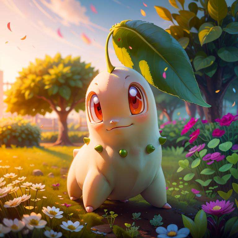 centered, award winning photo, (looking at viewer:1.2), | Chikorita_Pokemon,| garden, flowers, | bokeh, depth of field, cinematic composition, |<lora:Chikorita_Pokemon:0.8>