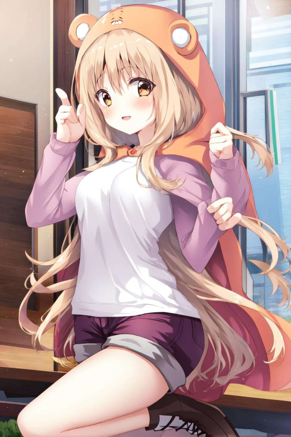 1girl,doma umaru,hood,white shirt,shorts,<lora:himoutoumaru-chan_doma:1>,<lora:AmairoChocola:1>,