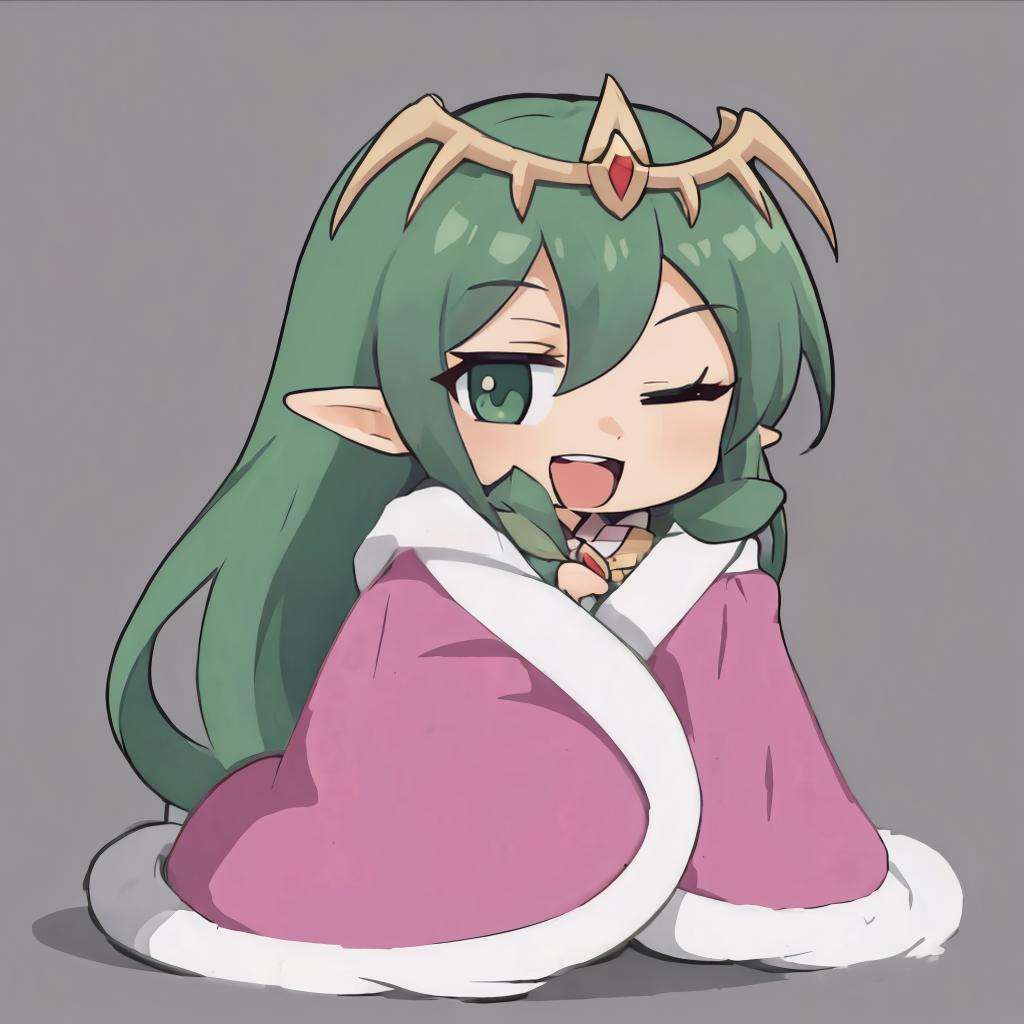 masterpiece, best quality, 1girl, solo, looking at viewer, <lora:nagi-fe-richy-v1:1> nagi, tiara, <lora:cozyblanket-nvwls-v1:1> cozyblanket, chibi, :d, green eyes, one eye closed