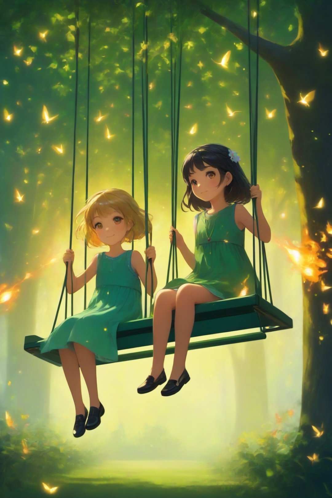 2_girls,swing,many fireflys,green trees,