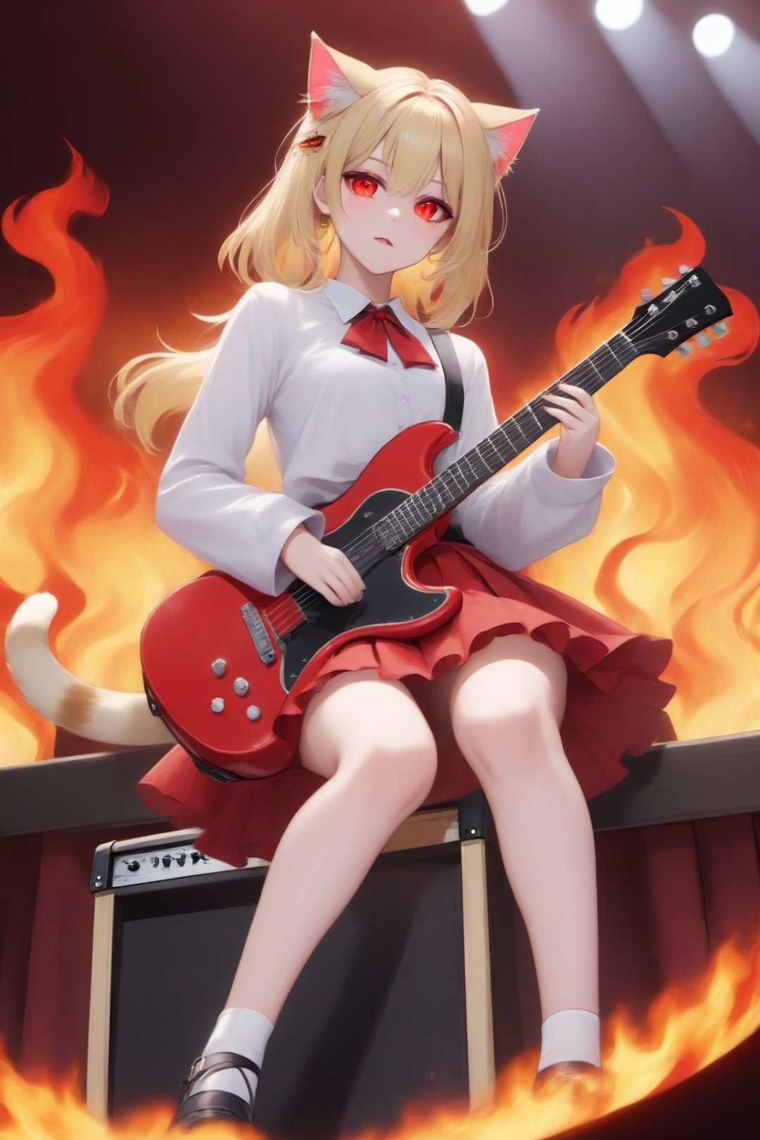 Cat demon,cat,fire,one JK skirt is beautiful,holding guitars,Blonde hair,red color eyes,Delicate makeup,adolable,Sit high,jade foot,Sideways to the audience